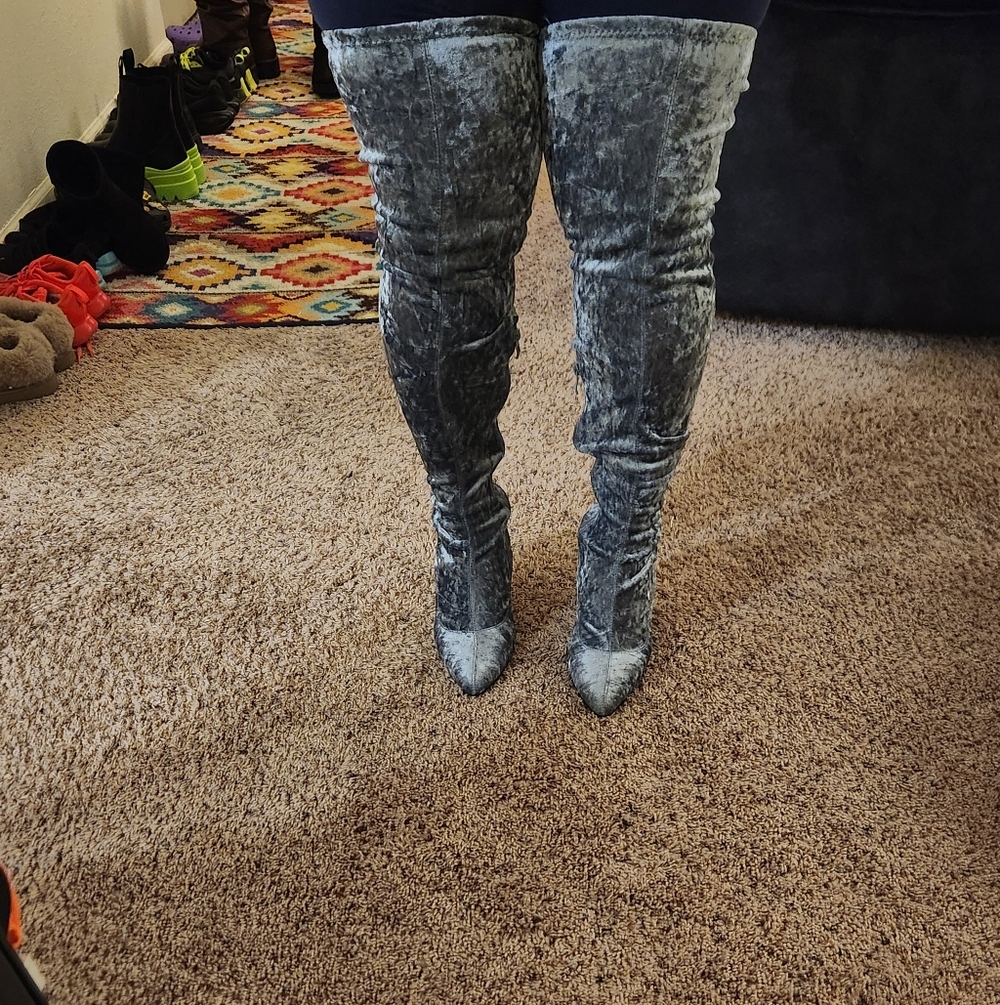 Silver Crushed Velvet Boots Thigh High